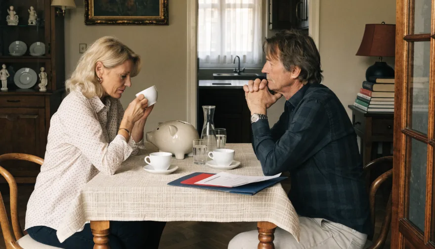 Stel aan de keukentafel met spaarpot en verzekeringsmap