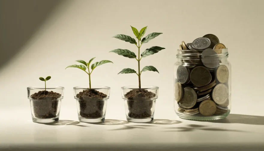 Pot met munten naast een plant die in drie stappen groeit